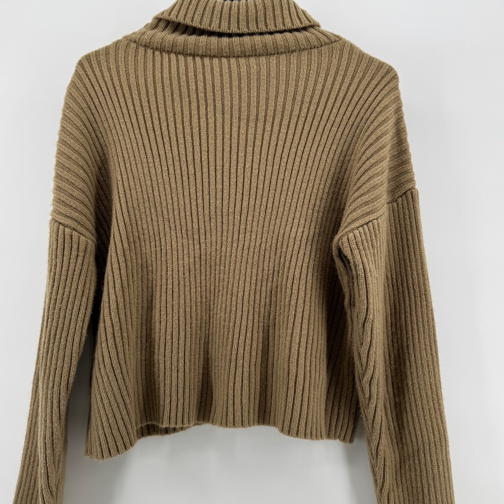 Womens Dark Academia Cropped Knit Cottage Core Ribbed Turtleneck Sweater Camel - Picture 3 of 7